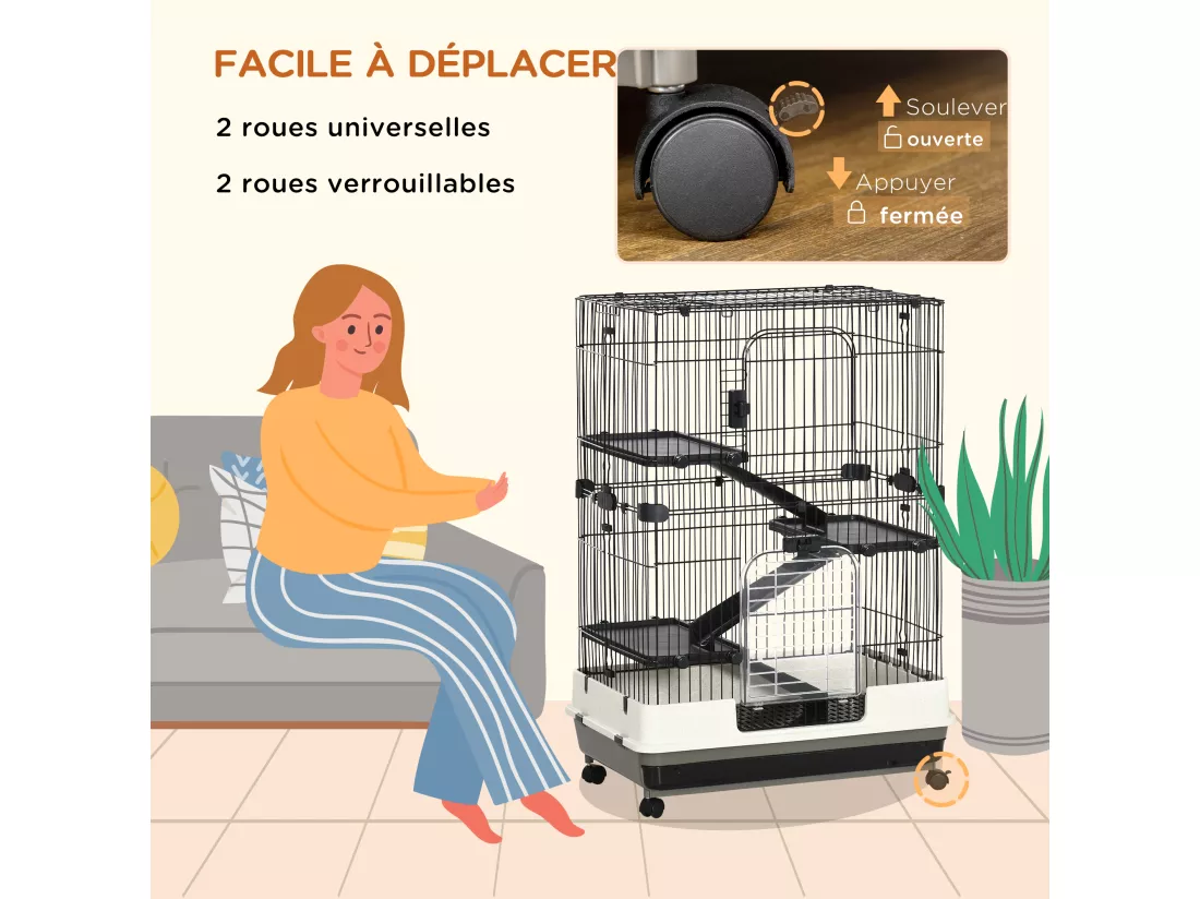 PawHut Cage pour cochons d'Inde chinchilla rongeur sur roulettes - 3 étages, rampes, 2 portes + trappe, plateau excrément amovible - métal PP noir gris