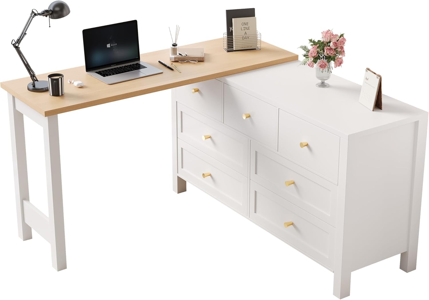 Merax Schreibtisch mit 7 Schubladen, 2-in-1 Sideboard und Arbeitsplatz, 360° drehbar, L-förmiger Eckschreibtisch oder Frisiertisch, Viel Stauraum & modernes Design, einfache Montage, Weiß & Holzfarbe