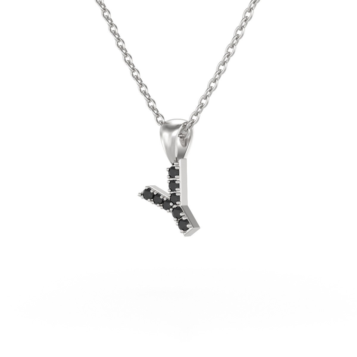 Collier Pendentif ADEN Lettre Y Or 750 Blanc Diamant Noir Chaine Or 750 incluse 0.72grs