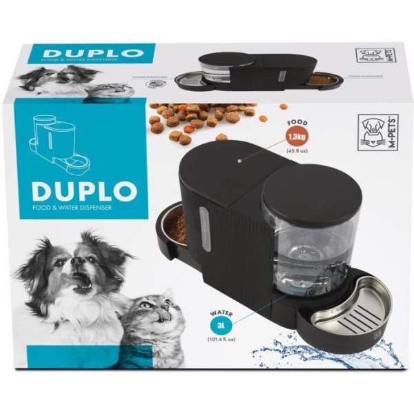 Distributeur de croquettes et d'eau m.pets duplo 1,3kg/3l - 40x16.2x29.1 cm - noir
