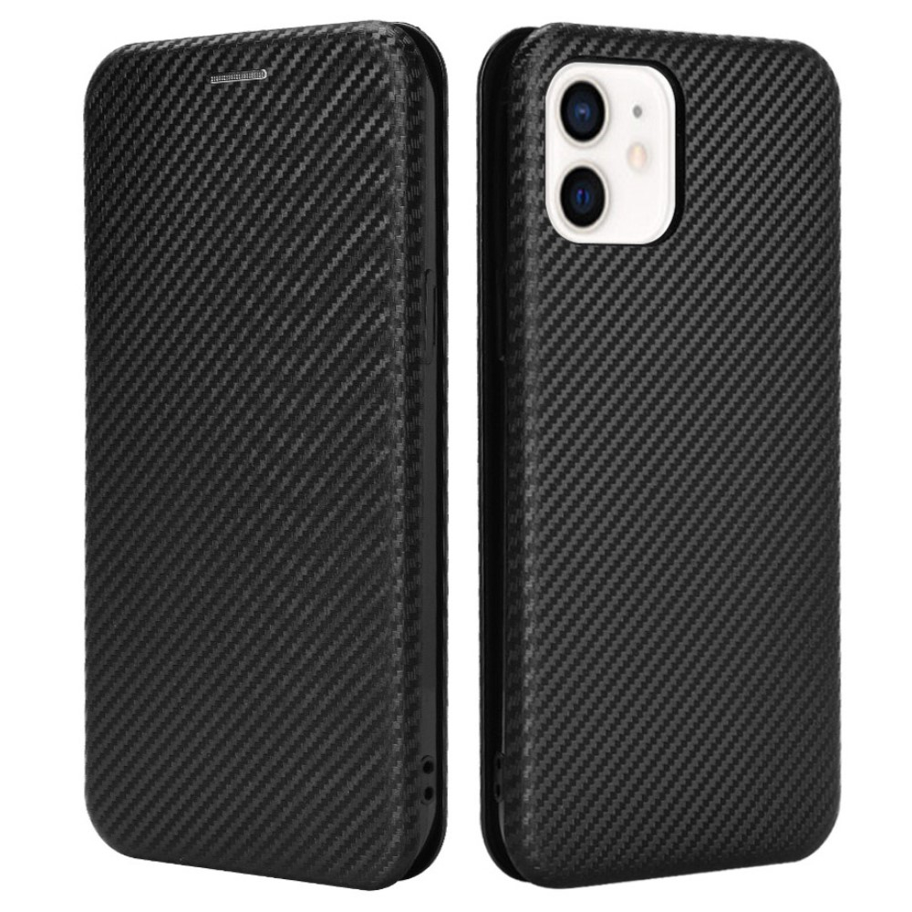iPhone 13 Leder Tasche Flip Cover Carbon Look - Schwarz
