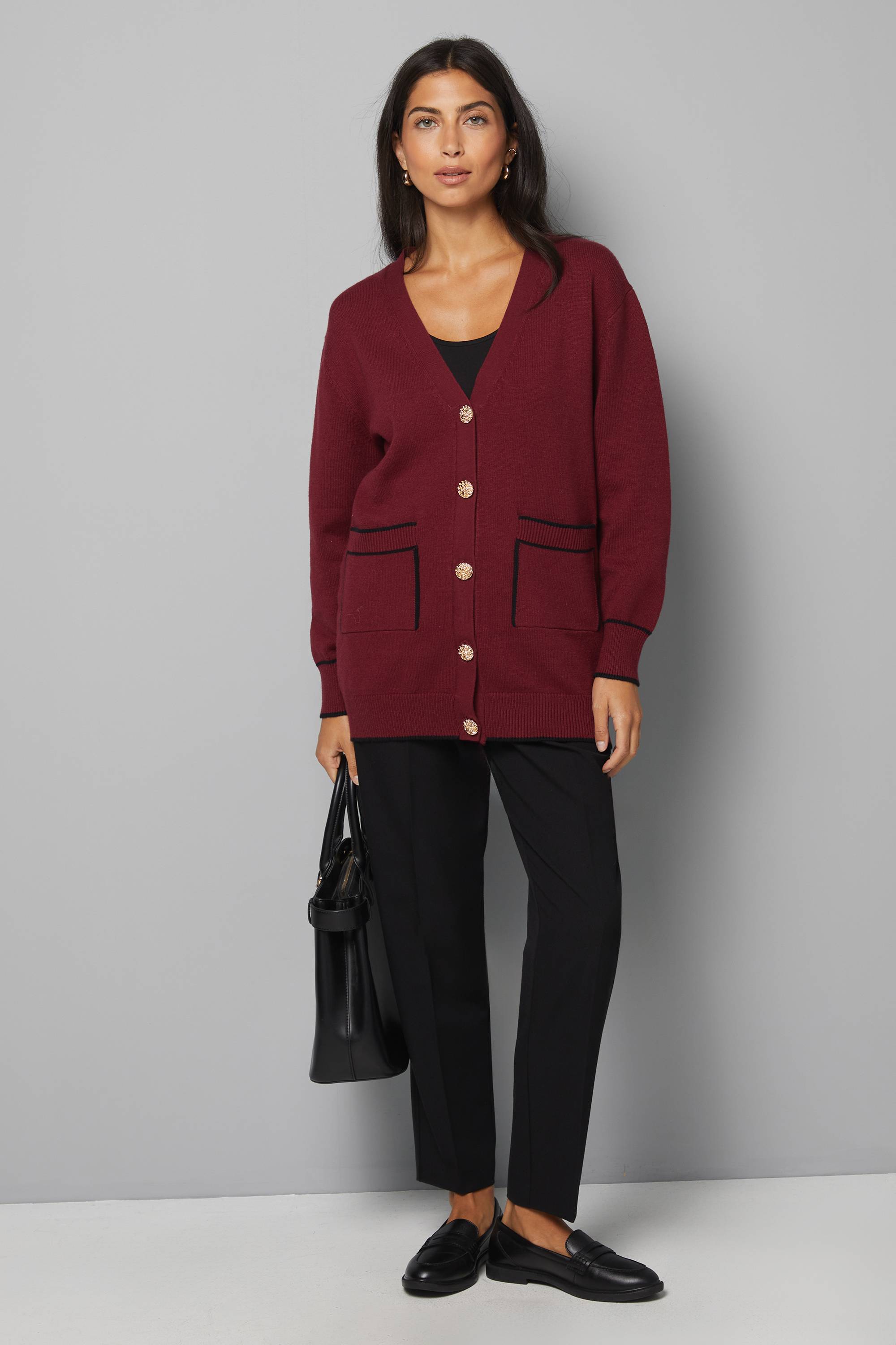 Wallis Cardigan Boutonné à Liserés Cranberry