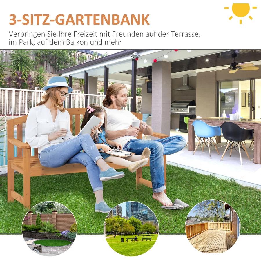 Outsunny Gartenbank mit Rücken- & Armlehnen natur