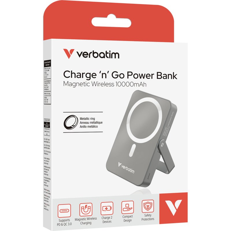 Verbatim Charge 'n' Go Magnetic Wireless Lithium Polymère (LiPo) 10000 mAh Recharge sans fil Gris