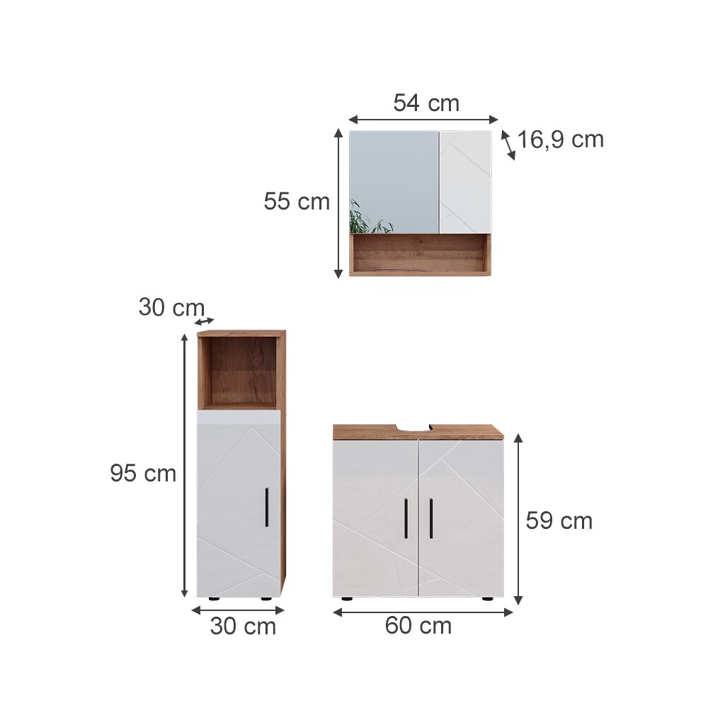 Vicco Badmöbelset Irma Eiche Weiß Hochglanz modern Badezimmerschrank Badschrank Badezimmermöbel Waschtischunterschrank Spiegelschrank Midischrank Schranktür Schrankfach