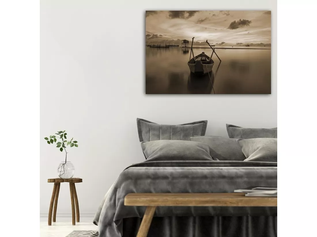 Tableau bateau de bois sur le lac calme 1 - 120 x 80 cm