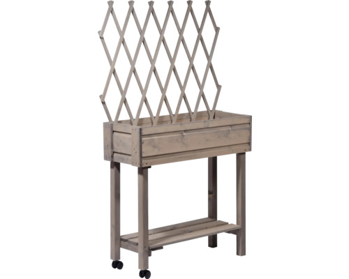 Verhoogd tuinbed op palen, inclusief trellis, op wielen, 79 x 28,5 x 130 cm, grijs