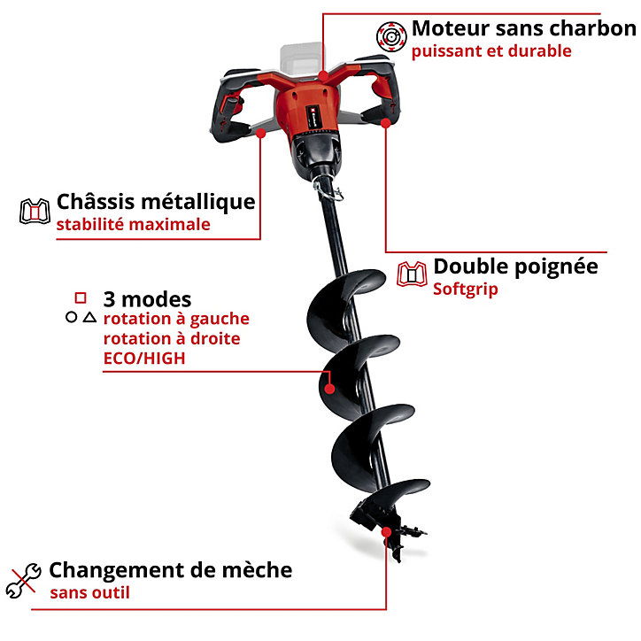 Tarière sans fil Einhell GP-EA 18/150 Li BL-Solo Power X-Change (Li-Ion, 18 V, moteur sans charbon, mèche de forage Ø 150 mm incluse)