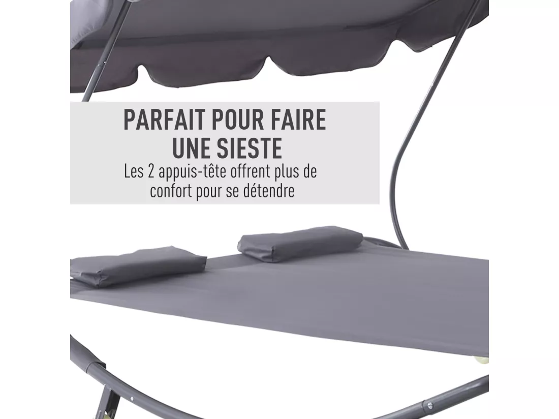 Bain de soleil 2 places lit de jardin design contemporain toit réglable 2 roulettes 2 oreillers acier époxy polyester gris
