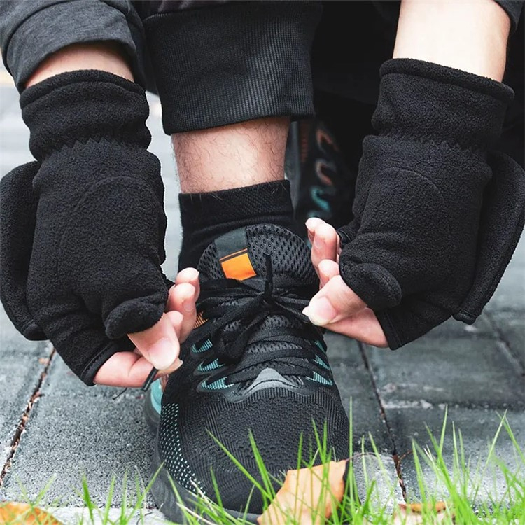 (1 Paar) Gr. XS Unisex Fleece Handschuhe Halbfinger Fäustlinge - Schwarz
