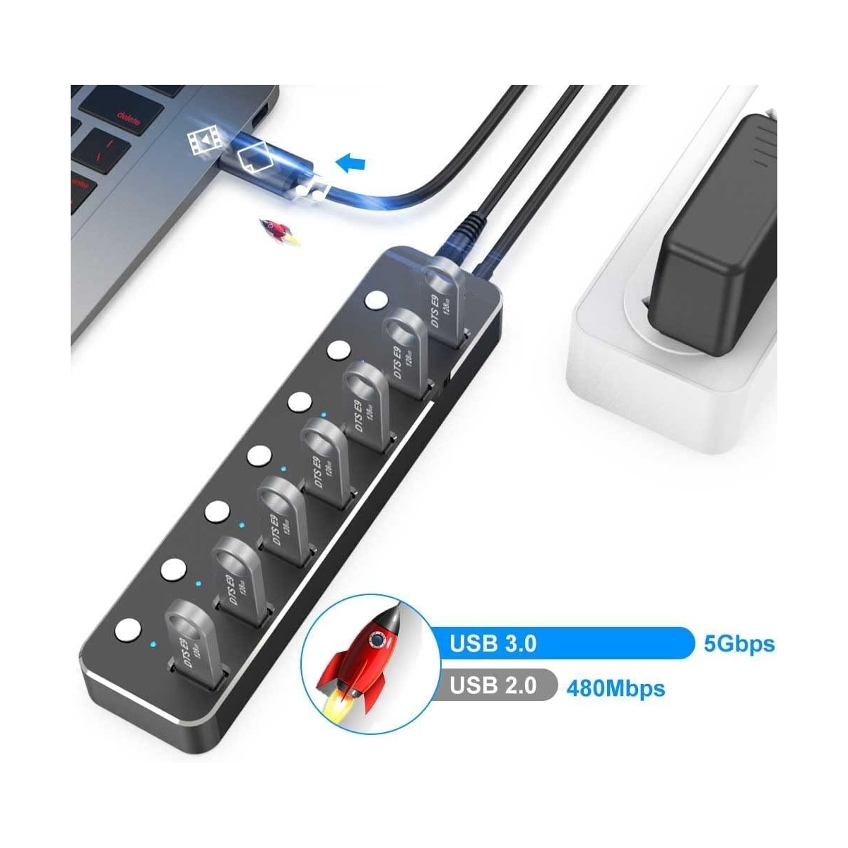 NÖRDIC drevet 7-ports USB-C 3.0 HUB med individuell bryter 5Gbps 25cm kabel aluminium svart med strømforsyning