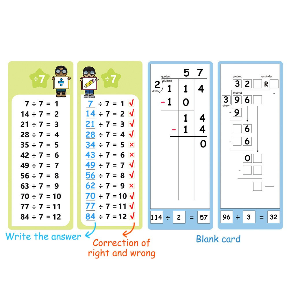 (16-tlg. Set) Mathematik Karten Spiel Kinder Rechnungs Lernspiel Schreib und Wisch Lernkarten inkl. Stifte - Division