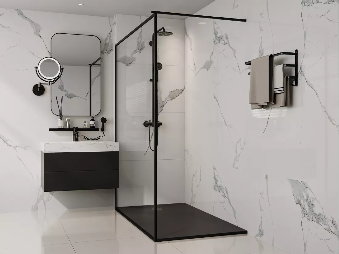 Receveur extra-plat à poser ou à encastrer découpable en résine SMC avec siphon - Noir - 160 x 90 cm - MIRNOSA