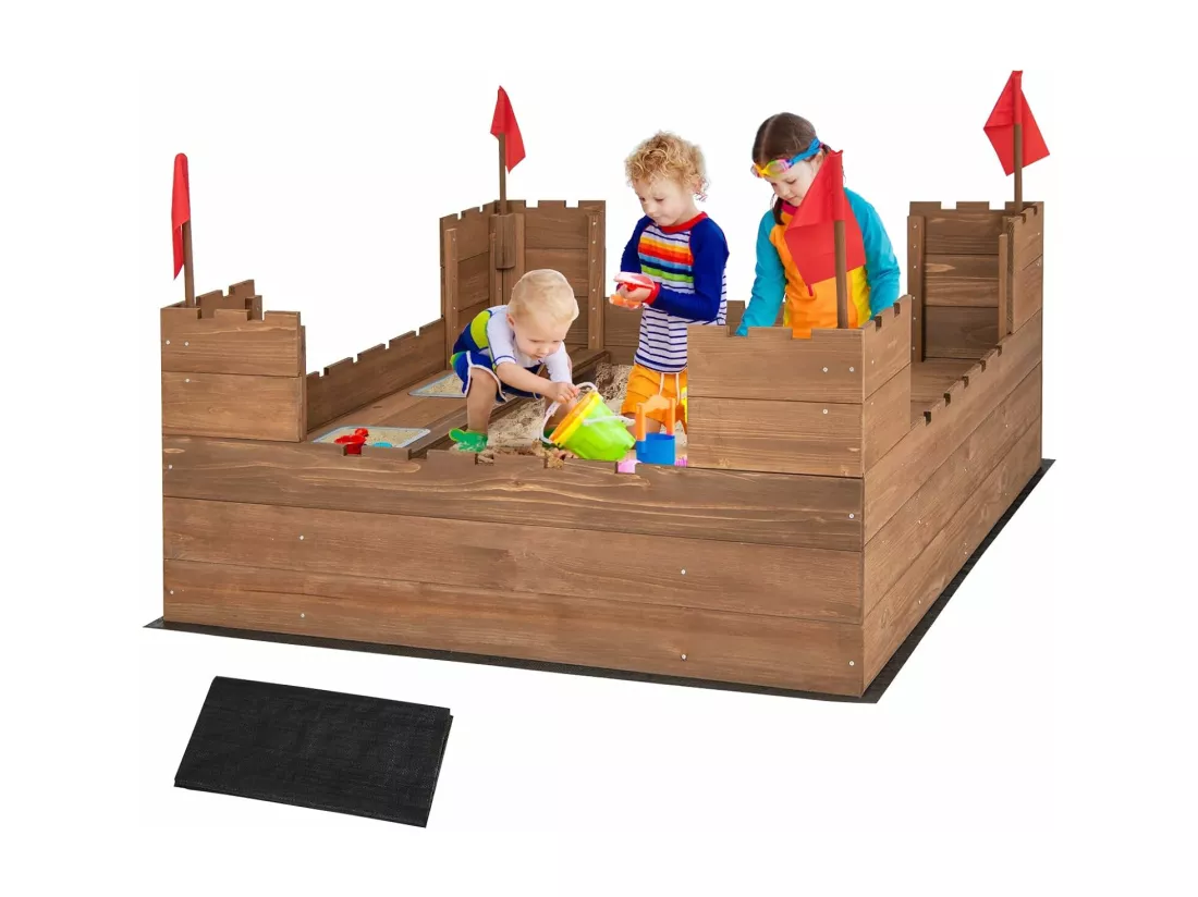 Bac à Sable en Bois Enfants 113 x 116 CM avec 2 Bancs, Boîte à Sable sur Thème du Château avec 2 Boîte Amovibles & Drapeaux, Capacité de Sable 120L pour 2 Enfants de 3-8 Ans