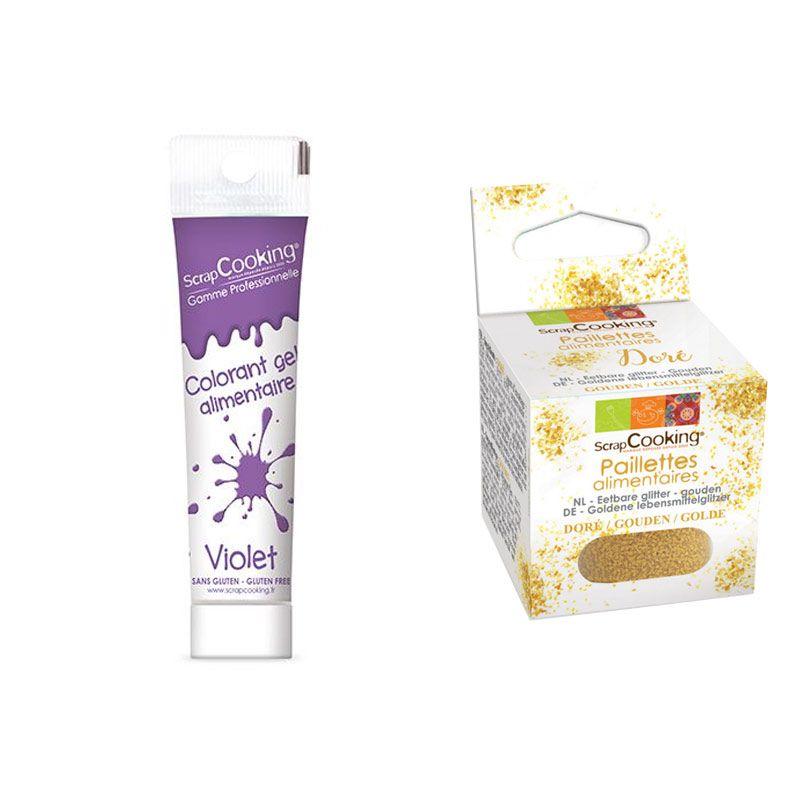Colorant alimentaire en gel violet + paillettes dorées Scrapcooking
