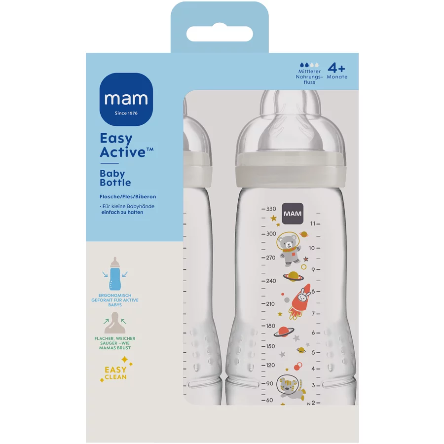 MAM Babyflasche Easy Active™ 330 ml, Weltall grau im Doppelpack