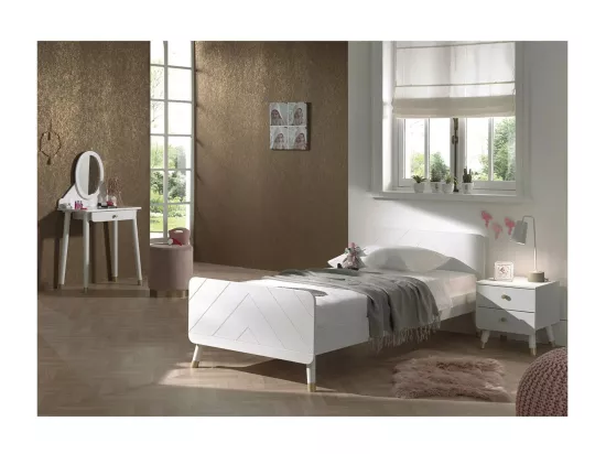 TINY WHITE - Lit 90x200cm + Chevet 2 Tiroirs + Coiffeuse