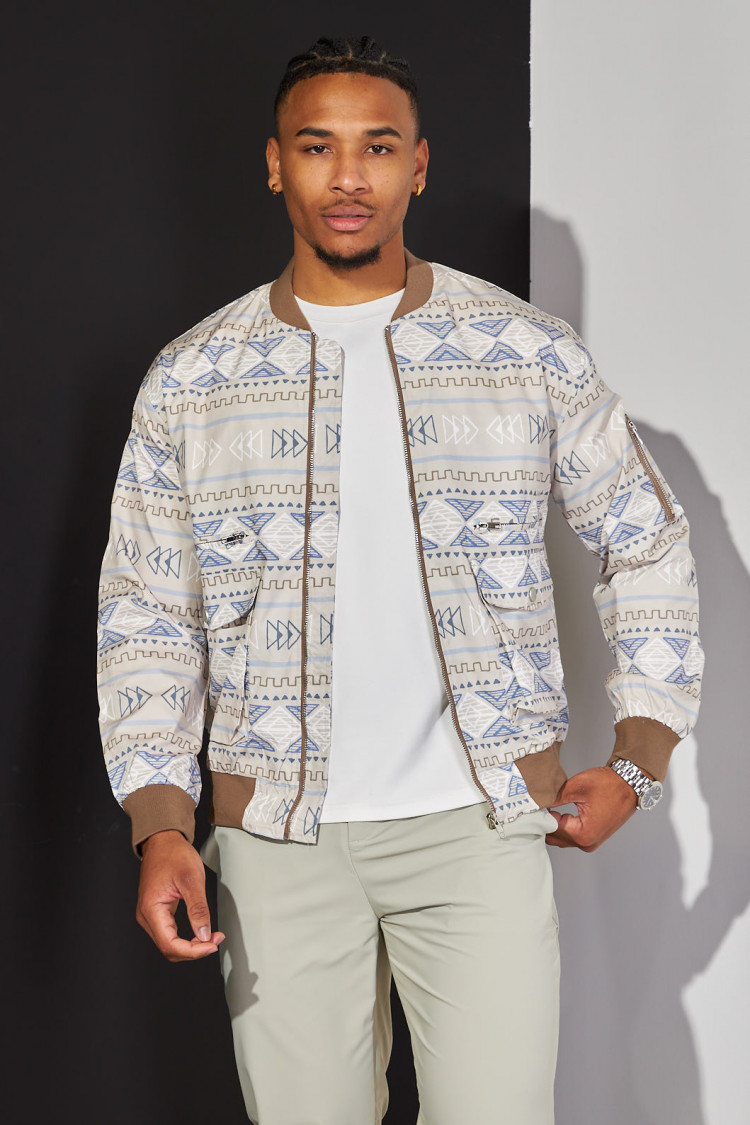 Bomber beige à motif aztèque tricolore