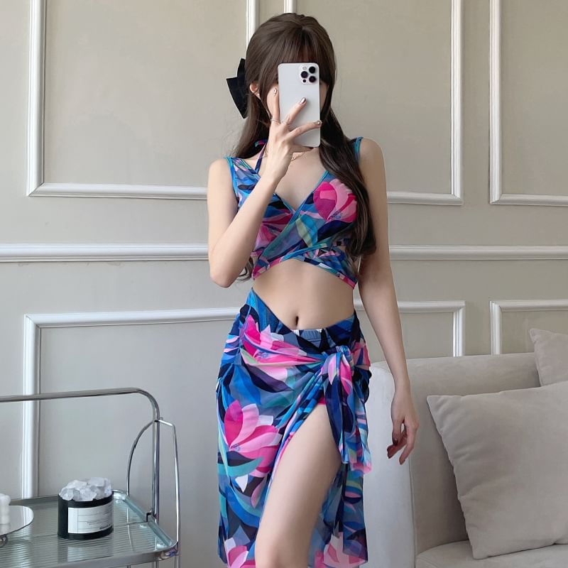 Seneliel - Set: V-hals print crop tankini top + broekje + cover-up rok
