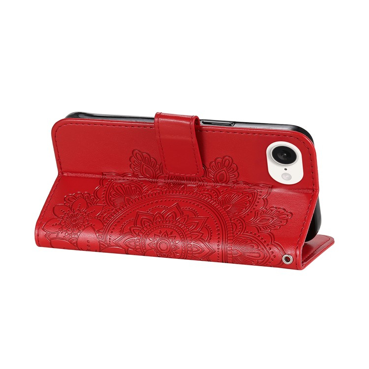 iPhone 16e Leder Tasche Wallet - Mandala Flowers Imprint - Rot