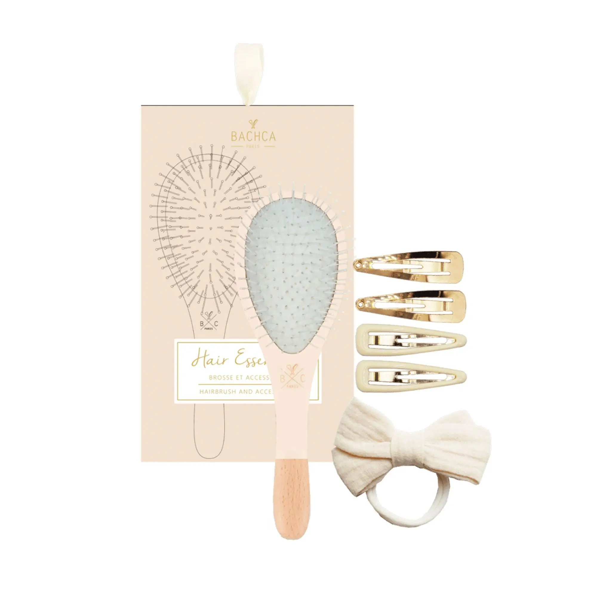 Bachca - Coffret Mon Kit coiffure Brosse nylon petit format + 4 clic clacs + elastique nœud- Tendance