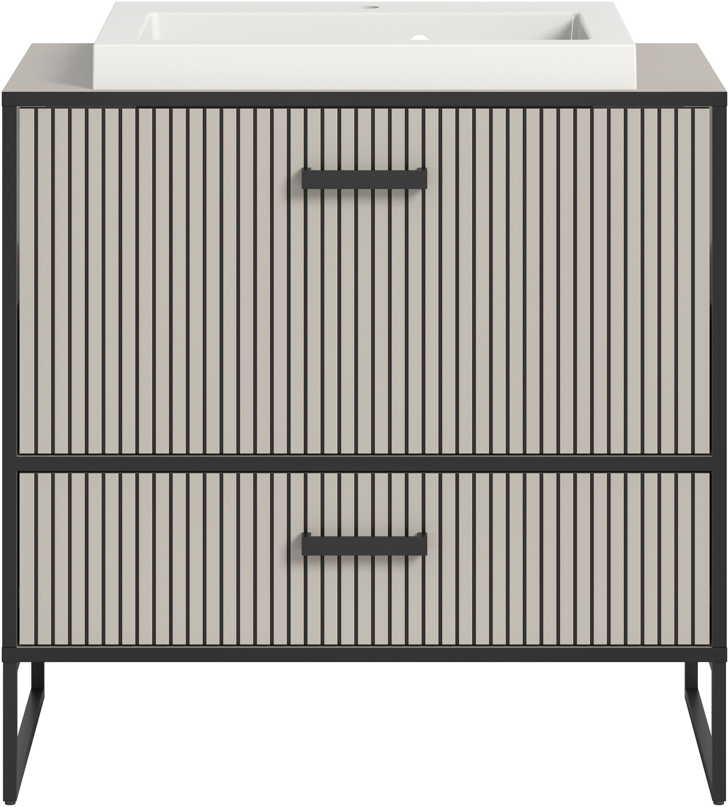 welltime Waschbeckenunterschrank »Locri, Höhe 84 cm, Rillenoptik, Metallkufen« 2 Stk. tlg. Aufsatzwaschbecken, modernes Design, Unterschrank, Badschrank, Bad