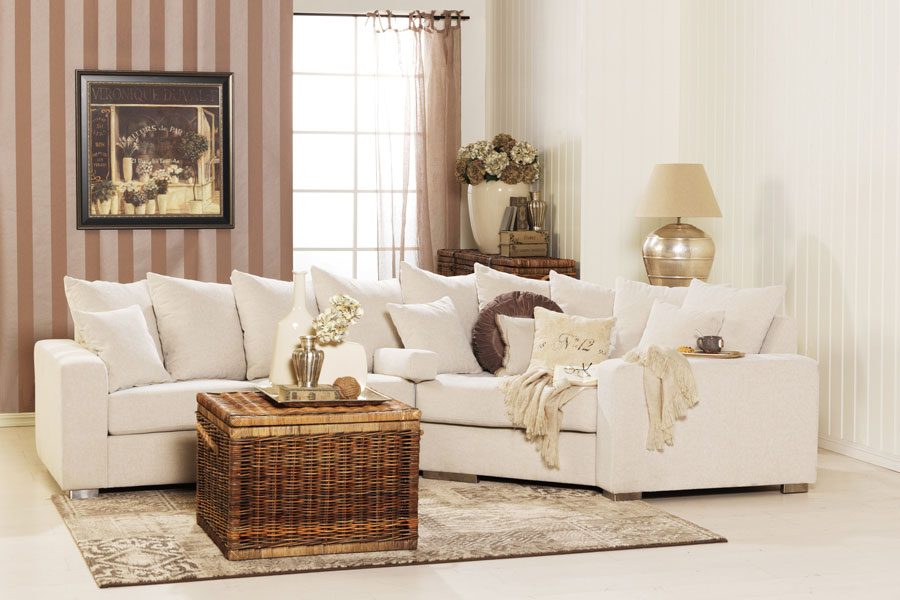 Modern Living U-sofa Sjeselong venstre med 2-seter og cosy corner høyre. Tekstil Brego 3 Grey med Arm A og ben 2 sortbeiset eik.
