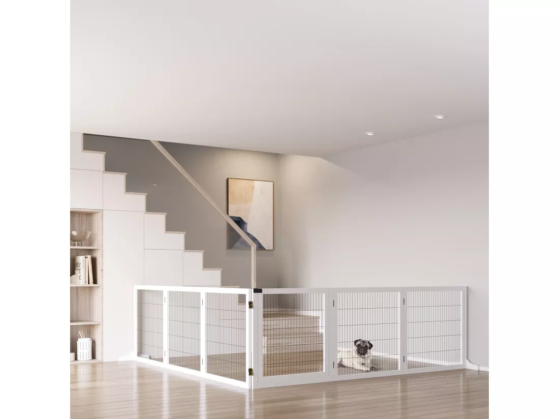 Barrière de sécurité parc enclos chien modulable pliable porte verrouillable intégrée 5 panneaux grillage acier noir bois de pin blanc
