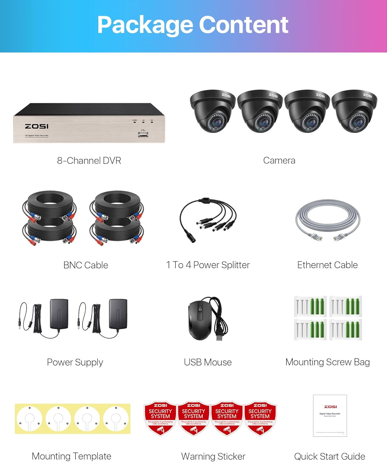 ZOSI Außen 1080P Video Überwachungssystem 8CH H.265+ 4in1 DVR mit 4 HD 1080P 2.0MP Dome Überwachungskamera Set, 24M IR Nachtsicht