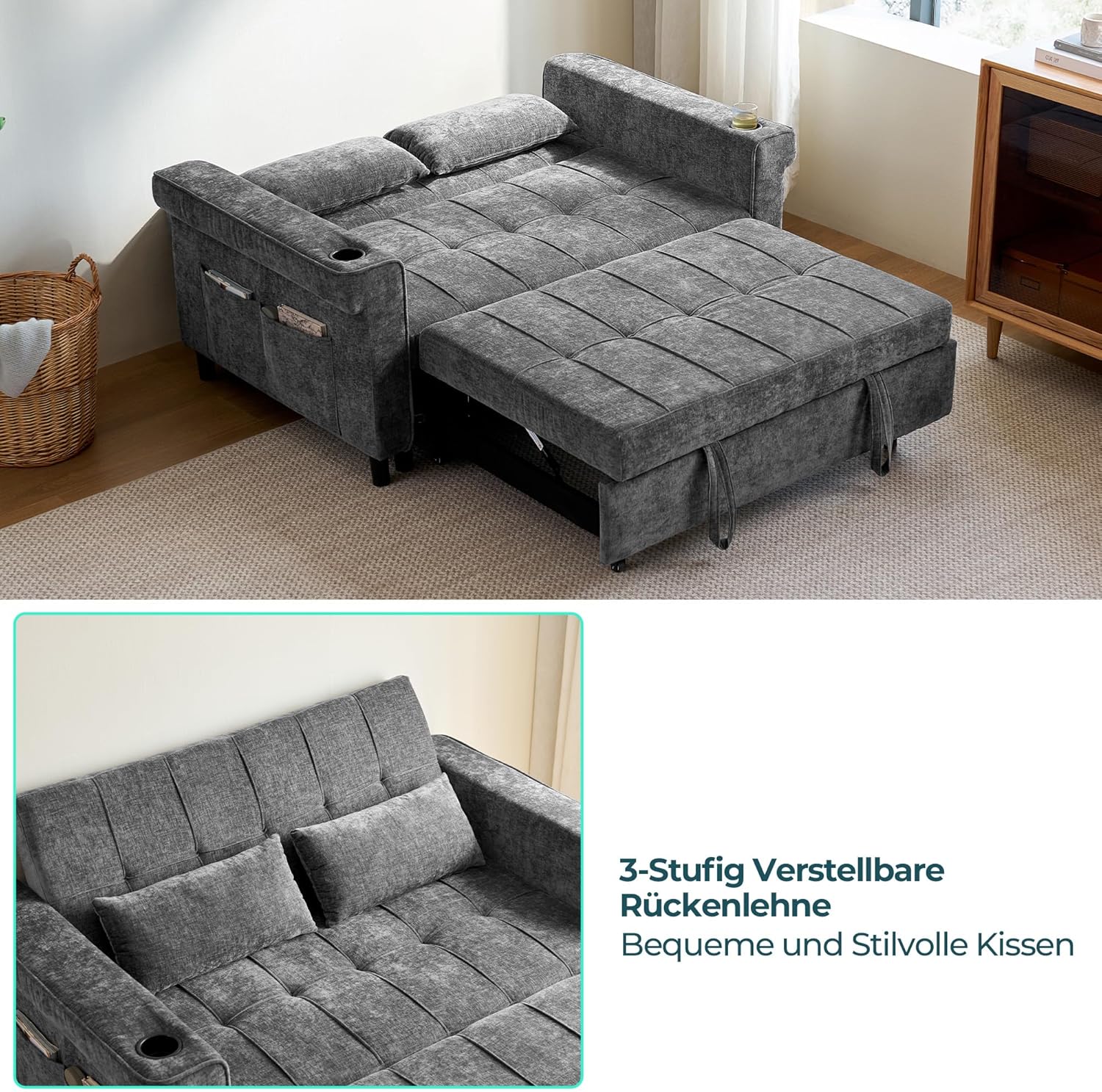 LINSY HOME 3-in-1 Schlafsofa, 2-Sitzer Sofa mit Schlaffunktion, Chenille Klappbares Schlafcouch mit Kissen, Seitentasche und Getränkehalter - Schlafbereich 120 x 190cm