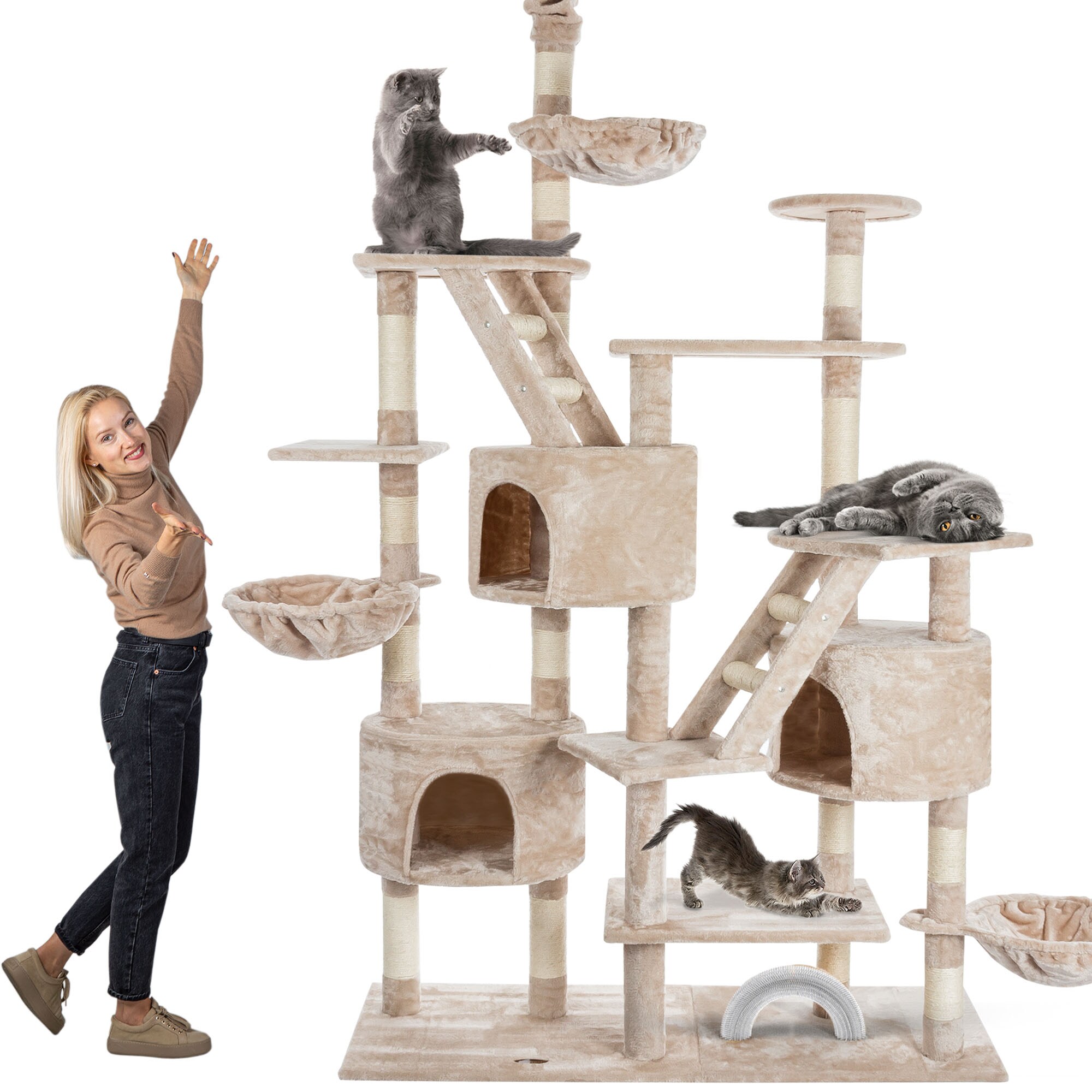 HAPPYPET Kratzbaum deckenhoch 260 cm hoch, Kletterbaum SAM – Großer XXL Katzenbaum Stabil für mehrere Katzen, stabile 8 cm Säulen, Liegemulden, Häuser, mit Zubehör | Beige 260 cm