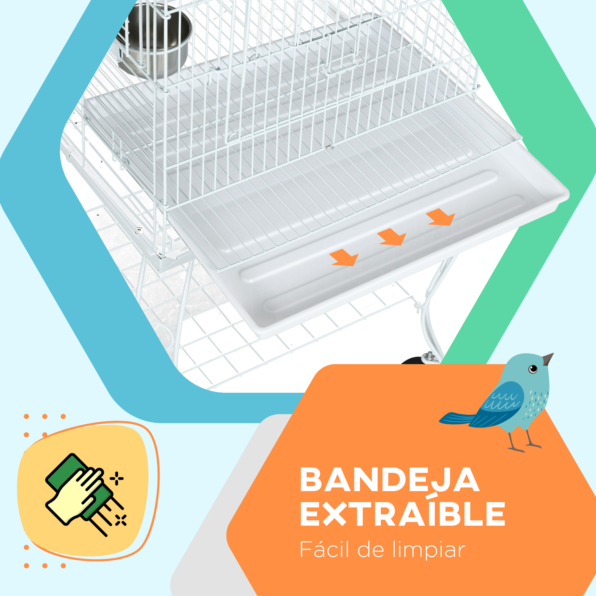 Gaiola para pássaros PawHut com rodas, gaiola externa com bandeja removível, tela de arame, 2 comedouros de aço inoxidável, prateleira e poleiro para periquitos e canários, 51x51x153 cm, branca