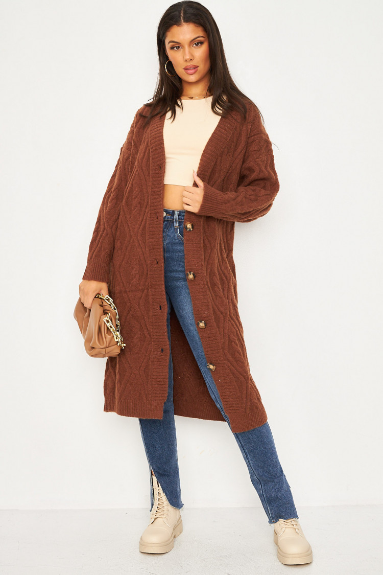 Gilet long en laine et maille marron