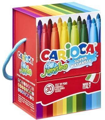 CARIOCA Viltstiften Jumbo Punta Maxi, premium doos met handvat met 30 viltstiften met hoge afdekking, verschillende kleuren, punt Ø 6 mm, 30 stuks