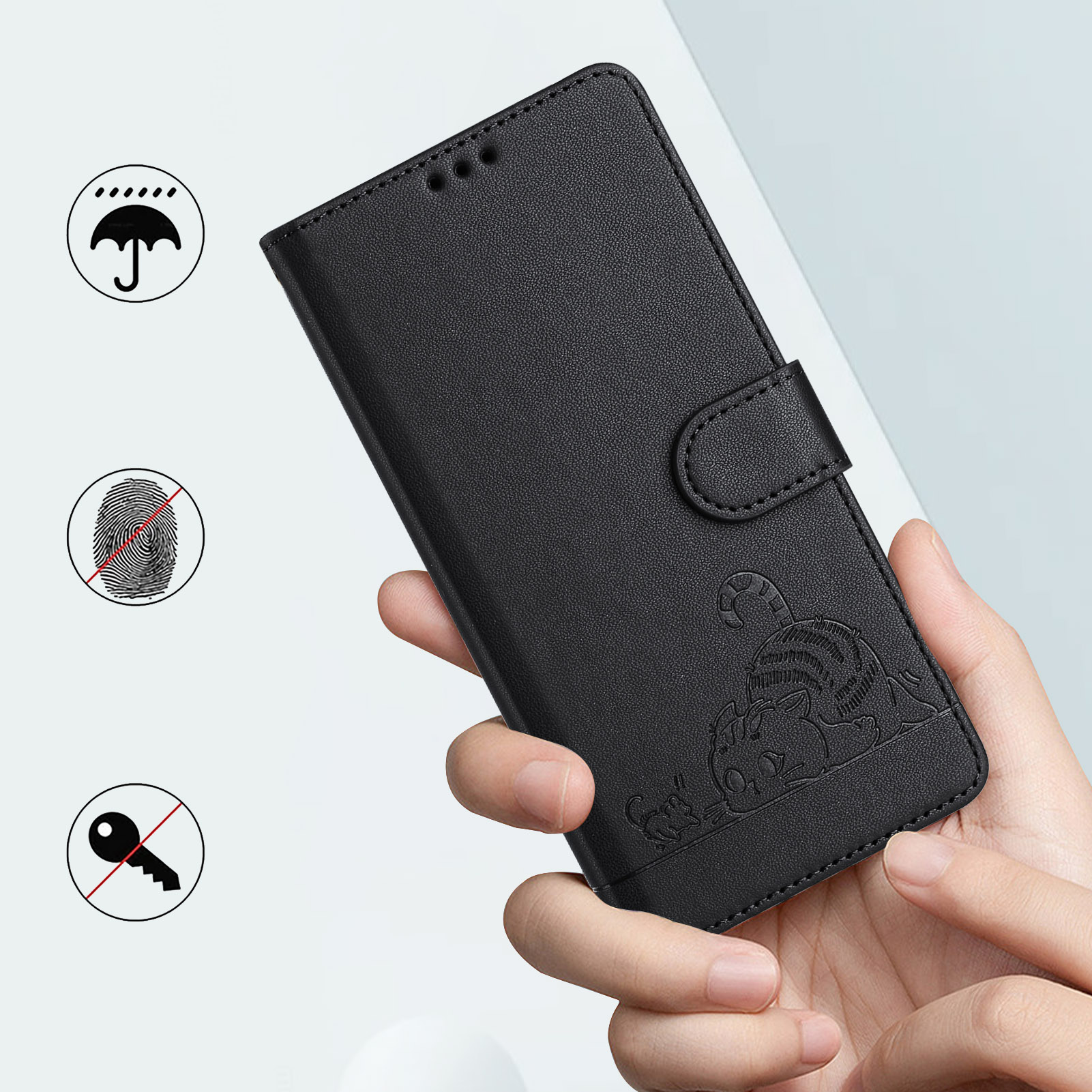 Samsung Galaxy S25 Leder Tasche Litchi Look mit Katzen Imprint (RFID Schutz) - Schwarz