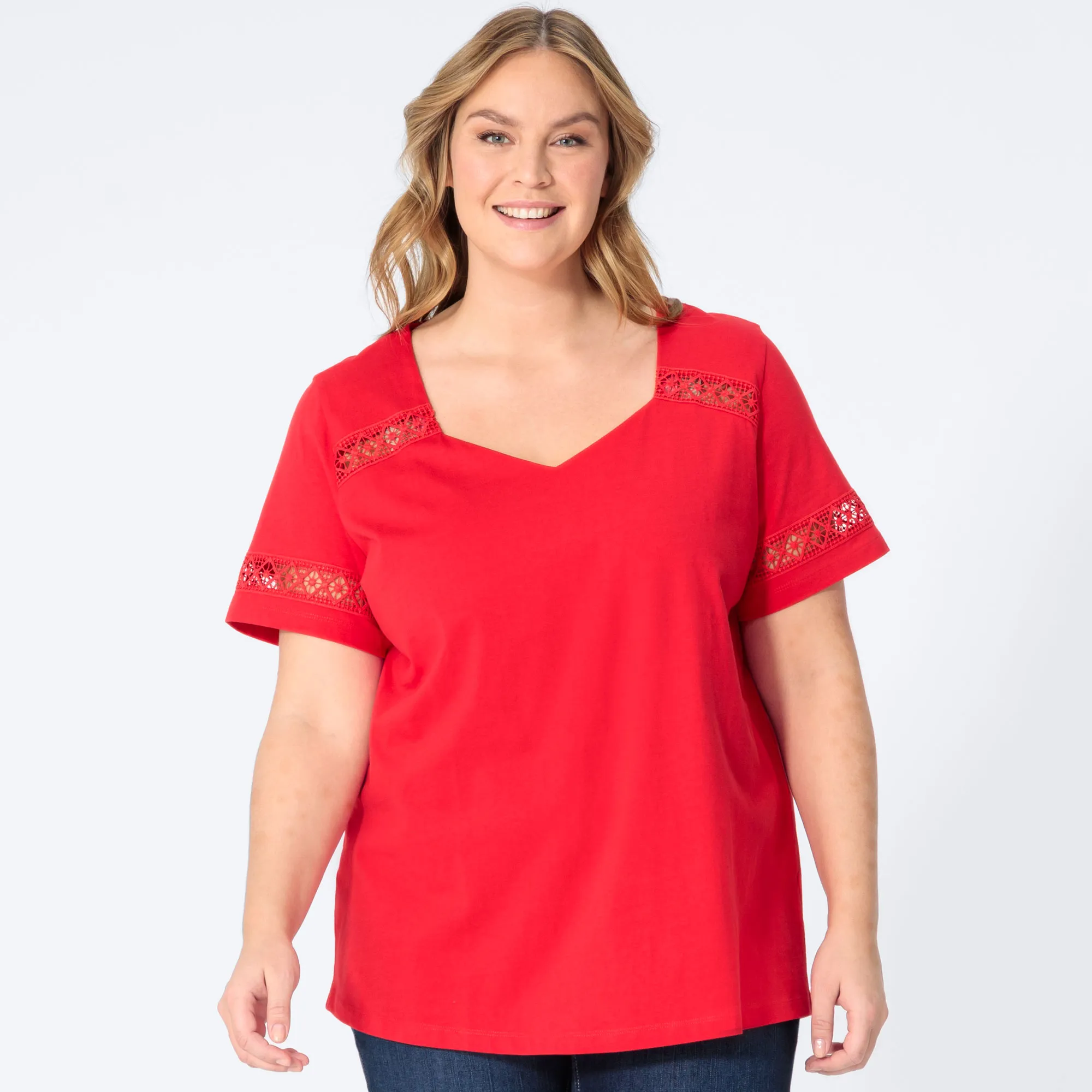 Damen-T-Shirt mit Spitzeneinsätzen, große Größen