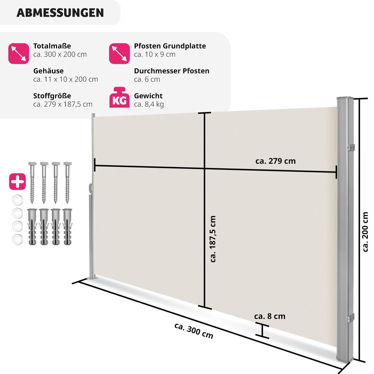 tectake aluminium zijluifel, 200 x 300 cm