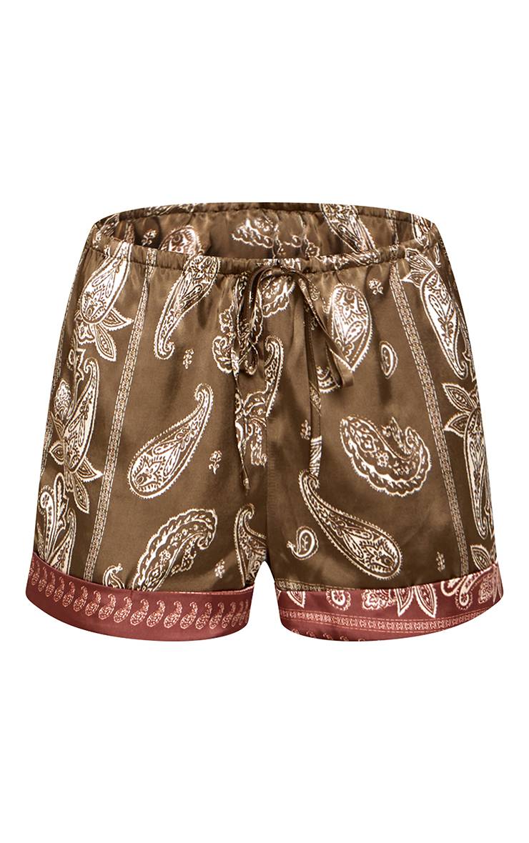 Vert Olive Short Kaki En Satin À Imprimé Cachemire Avec Ourlet Contrasté Et Cordon De Serrage