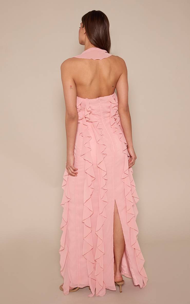 Rose Clair Robe Longue À Volants Sans Manches Avec Col Licou