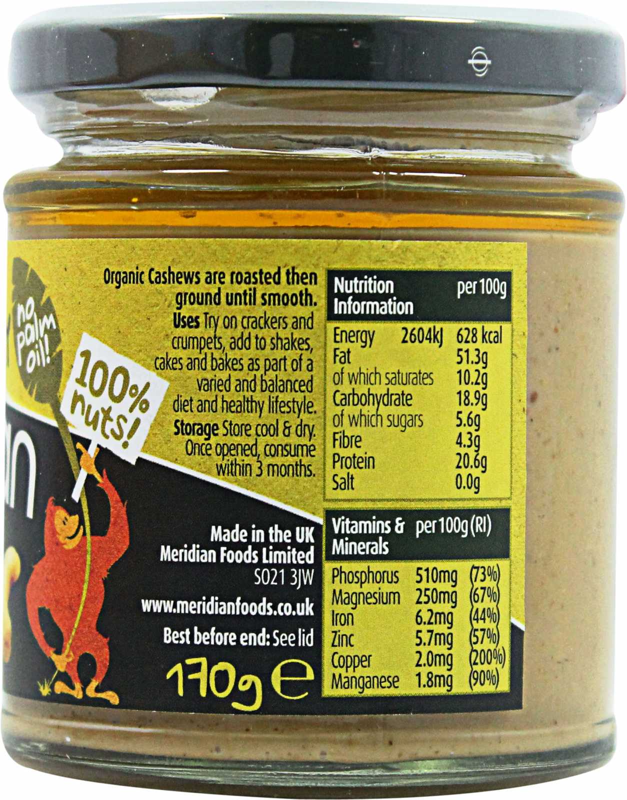 Manteiga de caju orgânica cremosa Meridian Foods 170g