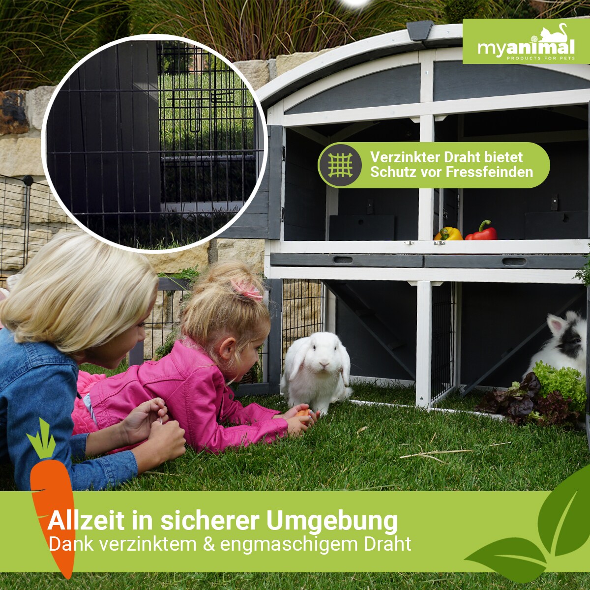 MyAnimal Hasenstall MH-33, 2-stöckig, Bogendach aufklappbar, wetterfester Kaninchenstall, Holz, Grau