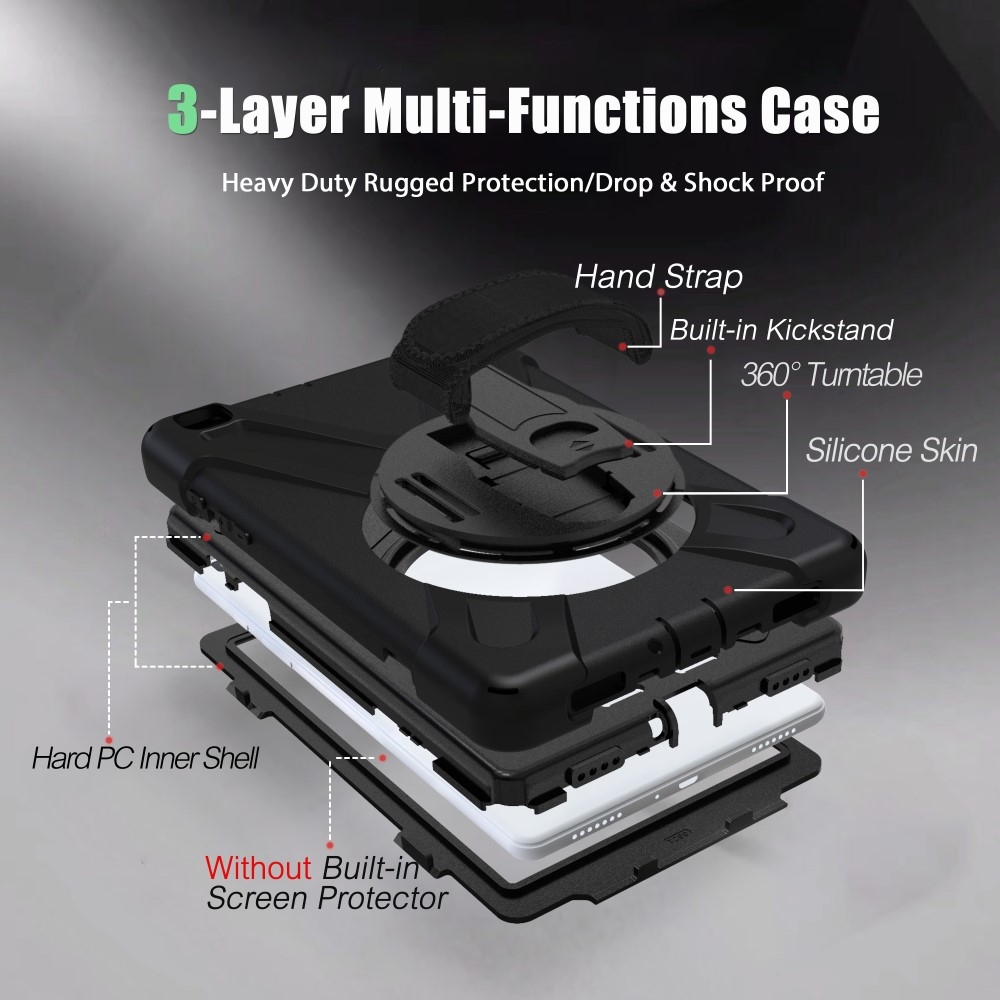 Samsung Galaxy Tab A 8.0 (2019) Hybrid Outdoor Silikon Case Hülle mit Aufsteller und Handschlaufe - Schwarz