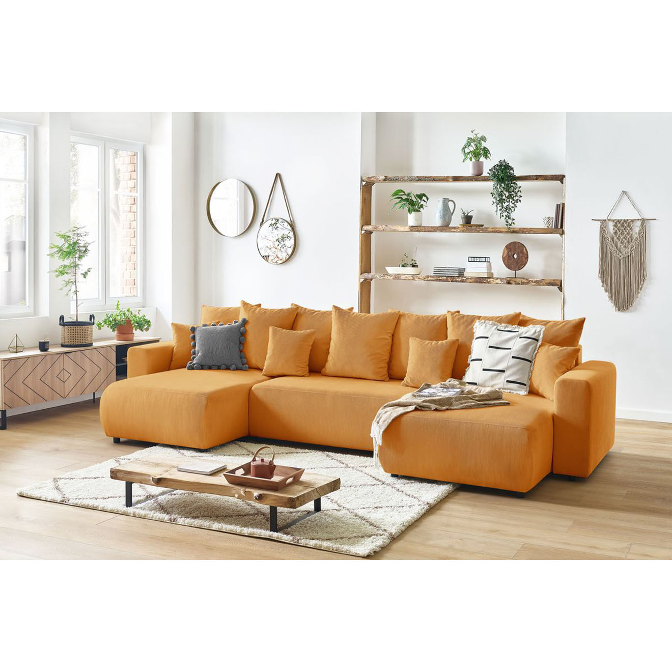 Bobochic Canapé panoramique convertible coffre velours côtelé envy jaune - 386x153x95 cm