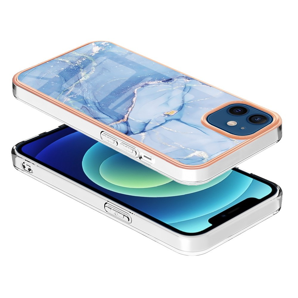 iPhone 12 / iPhone 12 Pro Gummi Case Hülle Galvanisierter Rahmen Marble Marmor Design - Hellblau / Roségold