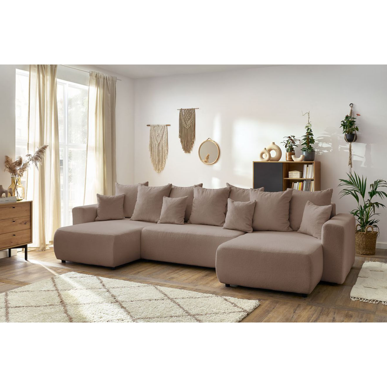 Bobochic Canapé panoramique convertible coffre bouclette envy marron - 386x153x95 cm