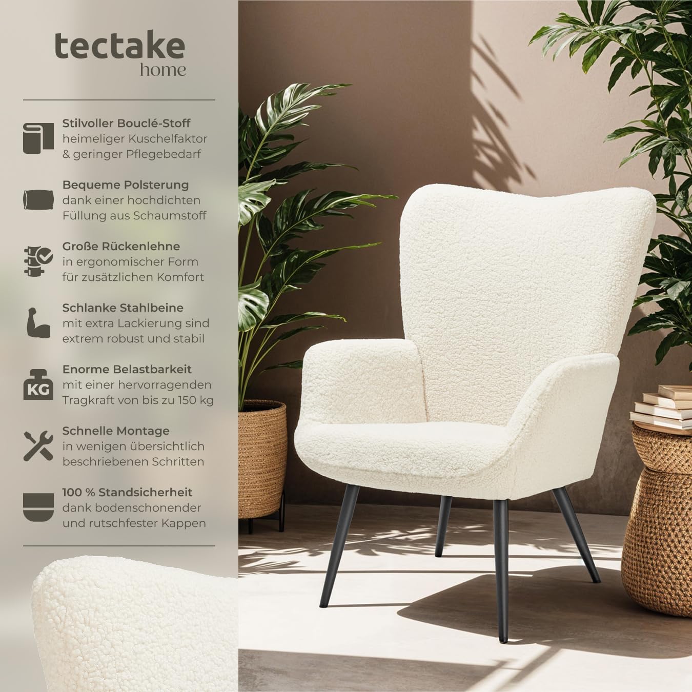 tectake® Skandinavischer Stil Ohrensessel, Teddy Sessel Hygge, Bouclé Sessel Wohnzimmer, Schlafzimmer, Statement Piece Loungesessel, belastbar bis 150 kg