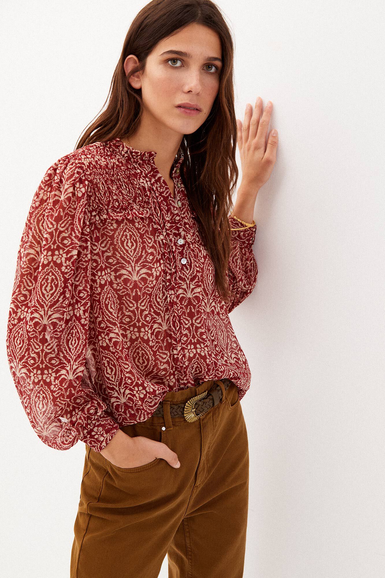 Blusa Sadie Flowy com estampa Lurex - Bege