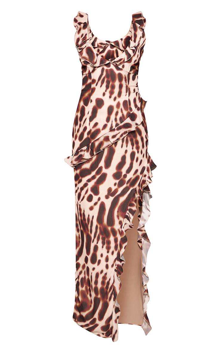 Marron Robe Maxi Fendue À Volant Asymétrique Imprimé Animal Abstrait