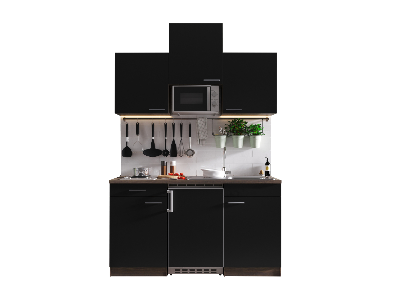 RESPEKTA Singleküche OLIVER - schwarz - Eiche York - mit E-Geräten - 150 cm