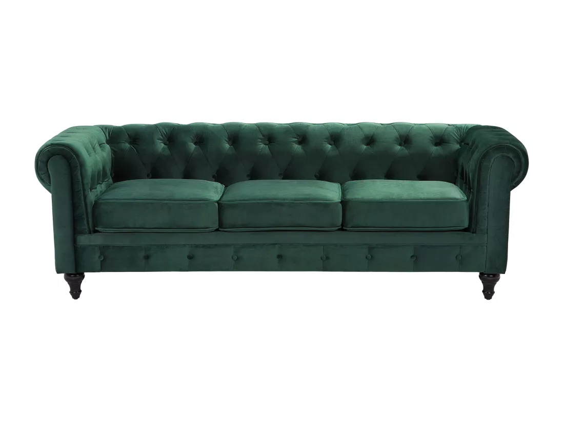 Ensemble canapé et fauteuil en velours vert 4 places CHESTERFIELD